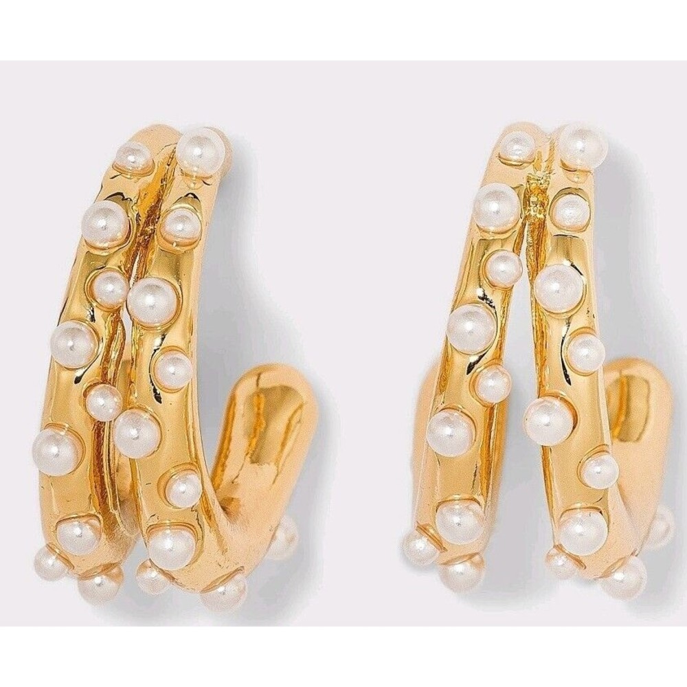 3/$15 SUGARFIX  BaubleBar Faux Pearl Gold Tone Double Hoop Earrings Post Back